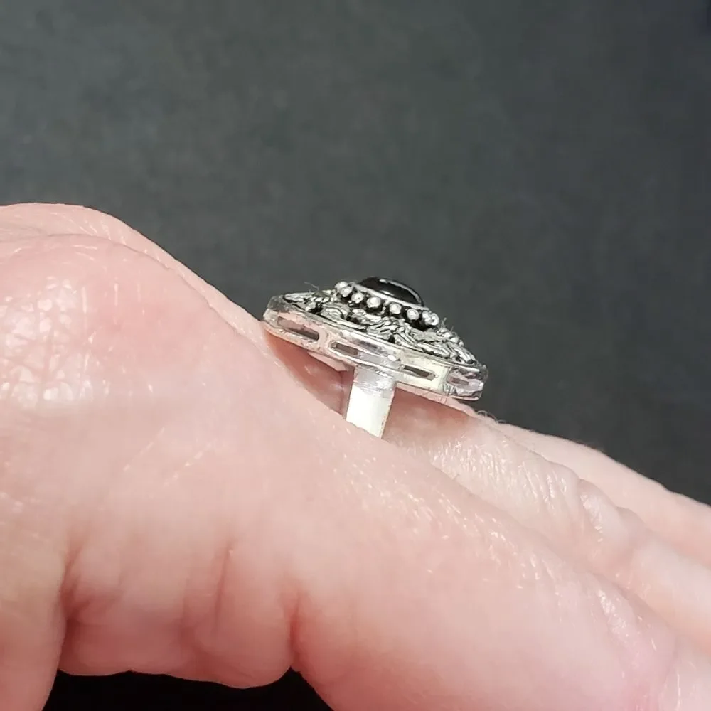 Silver plated black onyx ring with marcasite size 8.5